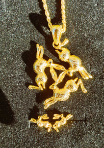 Triple Hare Necklace Gold & Ear Studs